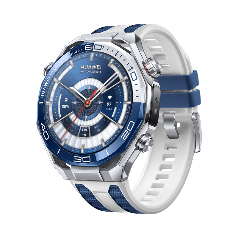 HUAWEI WATCH Ultimate 2 47.8mm / Métal liquide à base de zirconium / Bracelet en fluoroélastomère bleu et blanc/ Appels eSIM / GPS / ECG / Montre