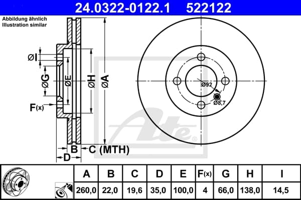 ATE Disque de frein 142020894 ventilé 260mm 22mm pour BMW