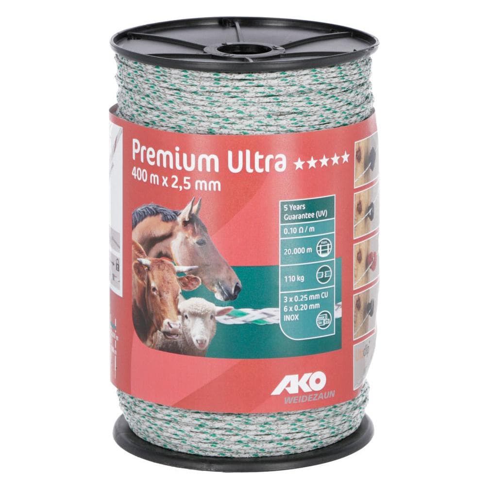 AKO, Clôture de jardin, Fil de clôture Premium Ultra, 2,5 mm, 400 m, blanc/vert