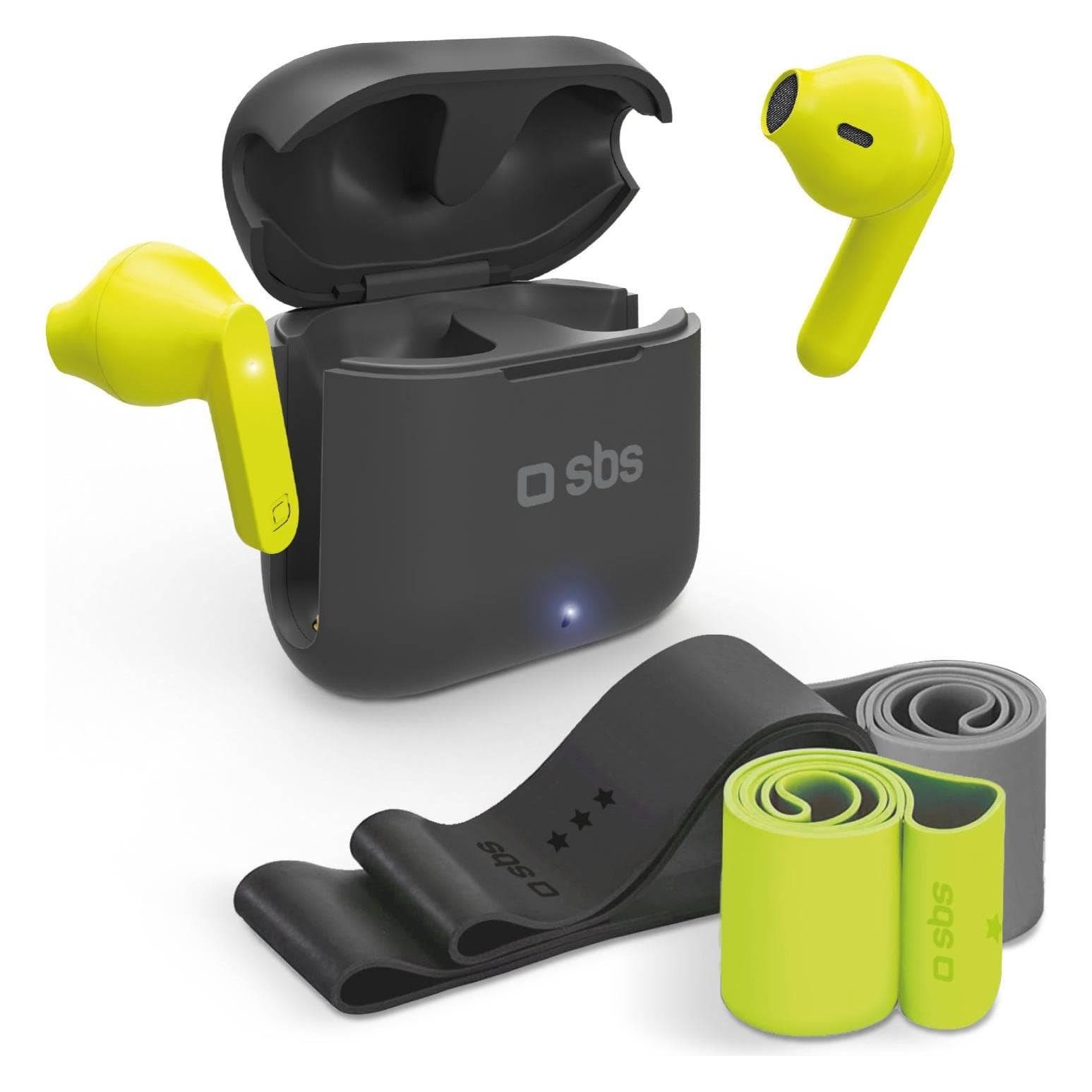 SBS Kit avec écouteurs sans fil TWS et bandes élastiques (3.50 h, Sans fil), Écouteurs, Noir, Jaune