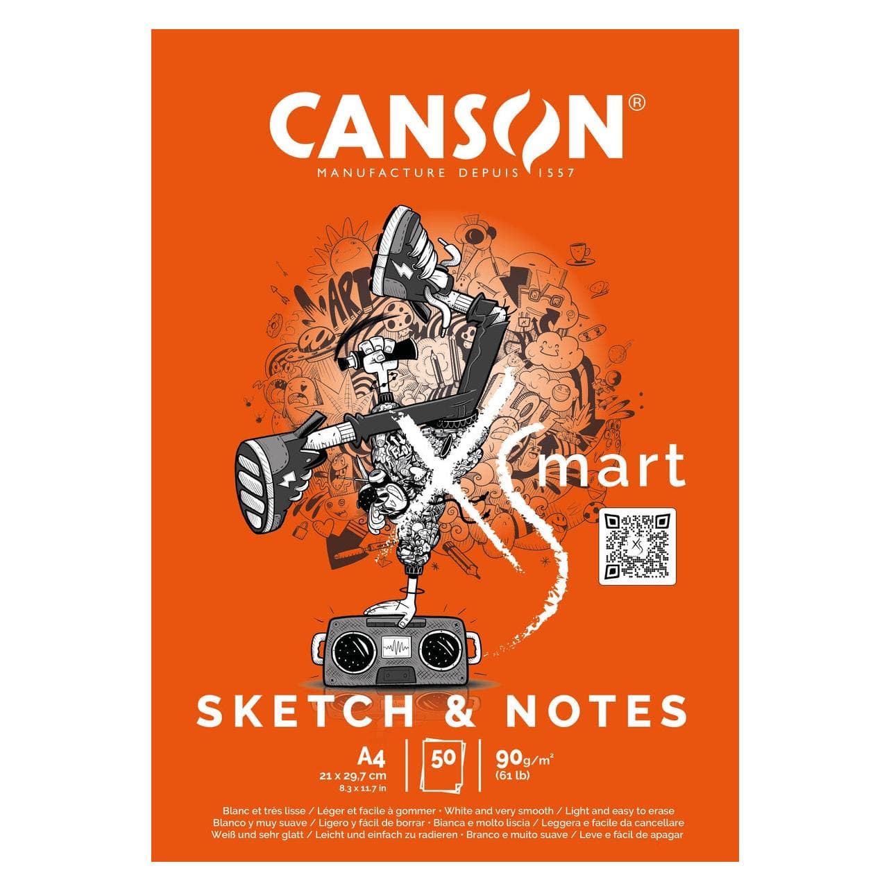 Canson, Cahier + bloc-notes, Bloc d'étude XS'MART SKETCH & NOTES, DIN A4 papier blanc, très lisse et léger, 50 feuilles, 90 g (A4, Blanc, Non