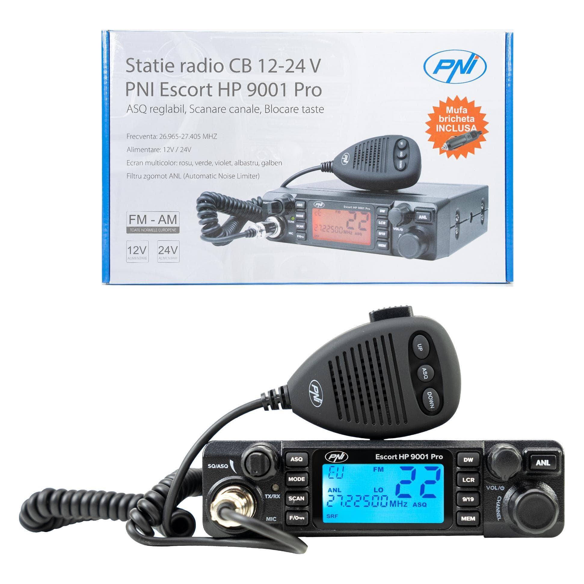 PNI Radio CB Escort HP 9001 PRO ASQ réglable, AM-FM, 12V/24V, 4W, Scan, Dual Watch, ANL, plus, Talkie walkie, Multicolore