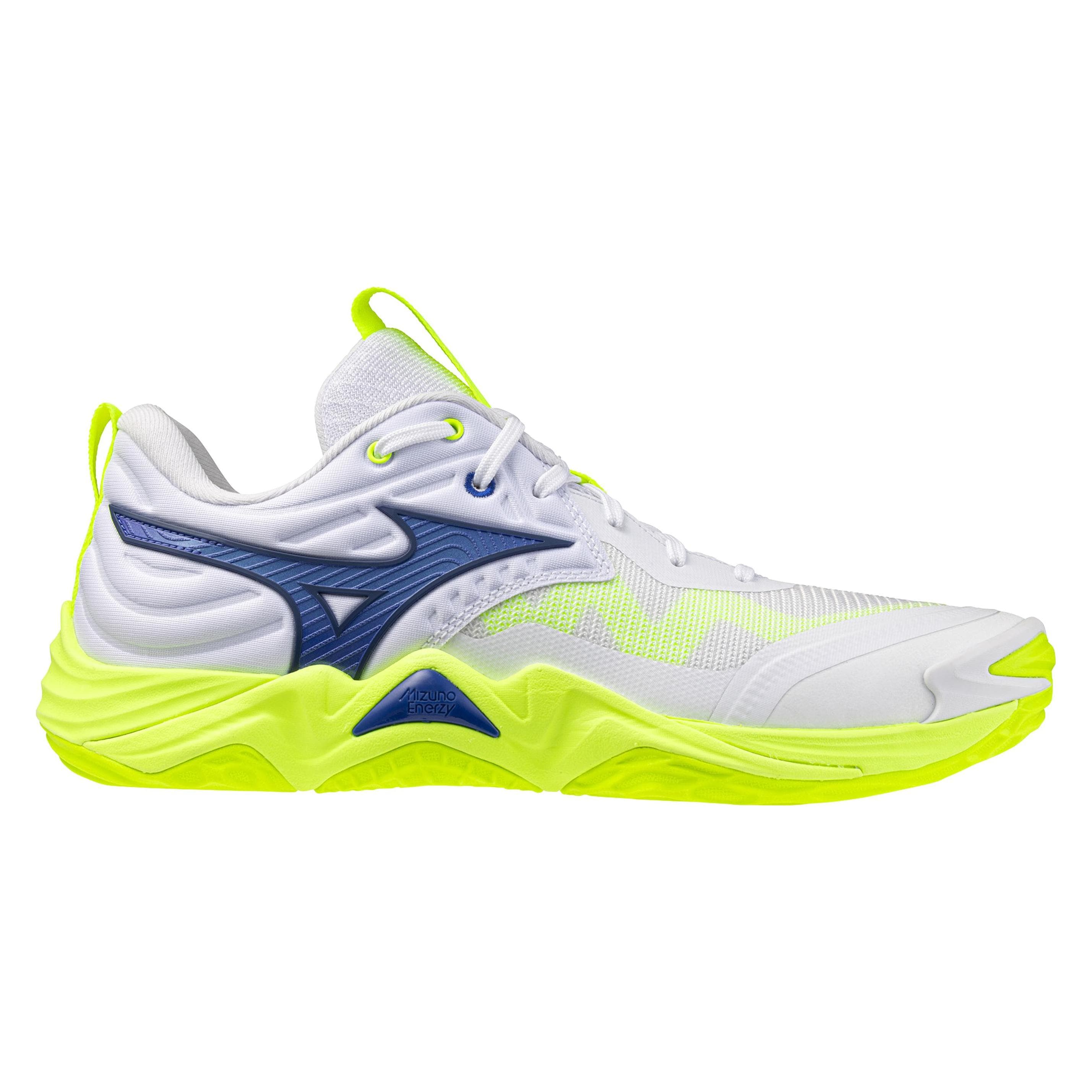 Mizuno, Hommes, Chaussure de salle, Wave Momentum Elite (46), Blanc, Bleu, Jaune