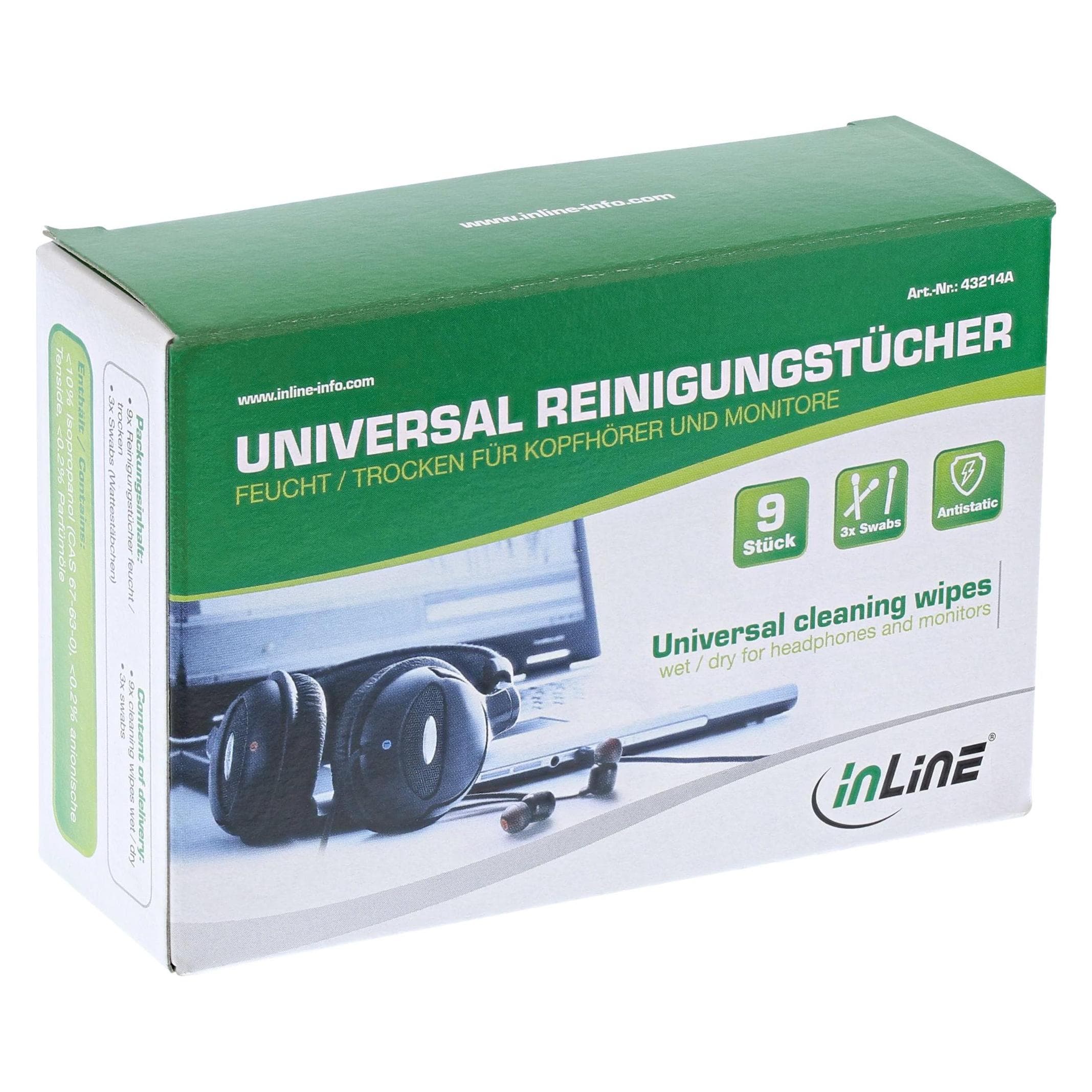 InLine, Nettoyage PC + périphérique, Lingettes nettoyantes universelles humide/sèche pour les casques et les moniteurs (9x)