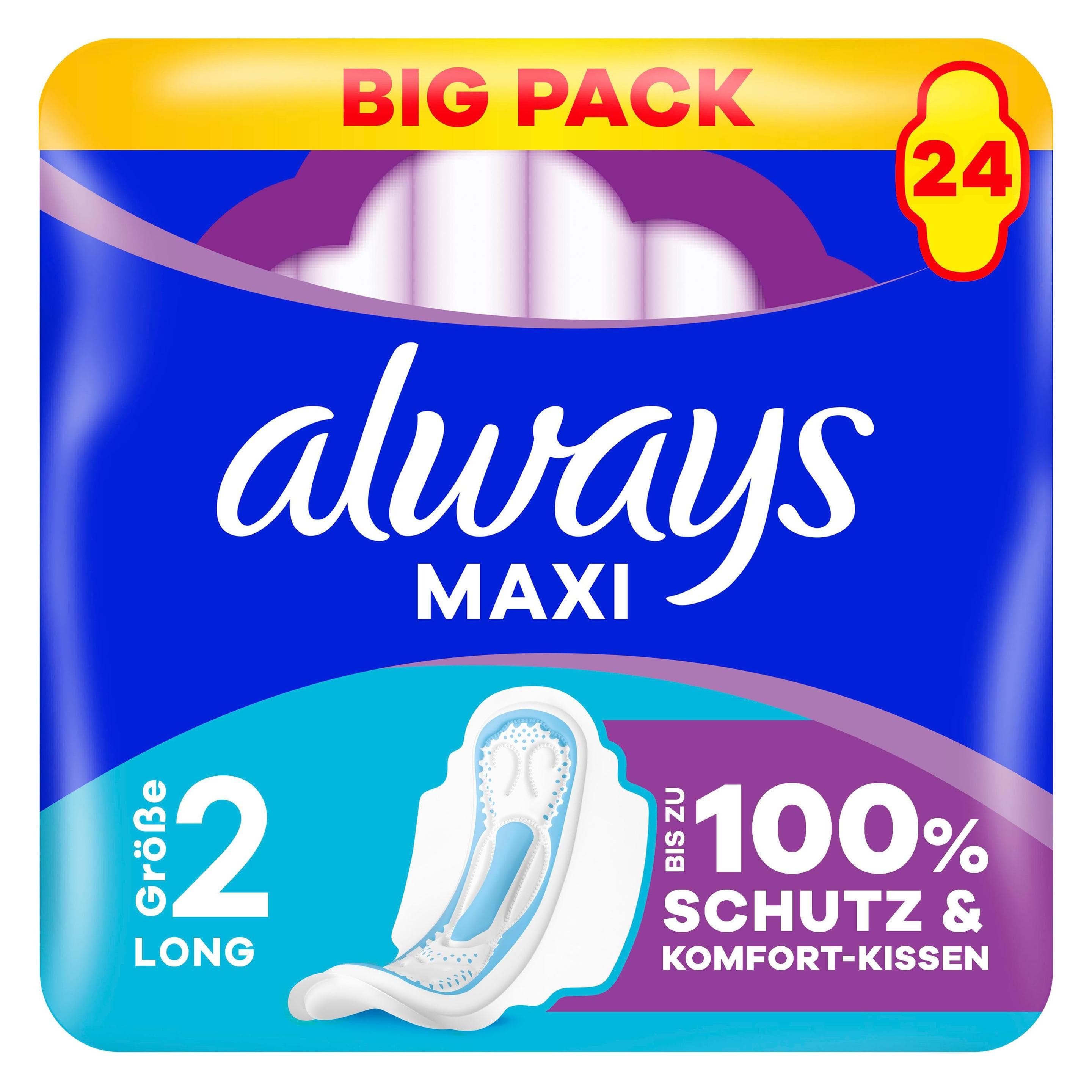 Always, Serviette, Maxi Binde Long mit Flügeln BigPack 24 Damenbinde 24 Stück (24x)