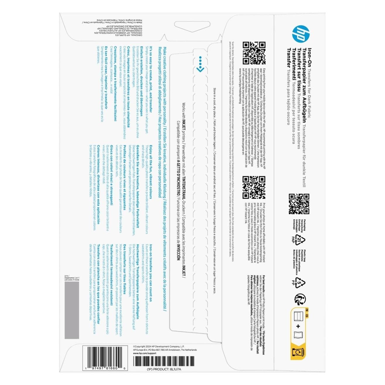 HP Iron-On Transfers for Dark Fabric A4 (210 x 297 mm) 10 sheets, Imprimante : accessoires