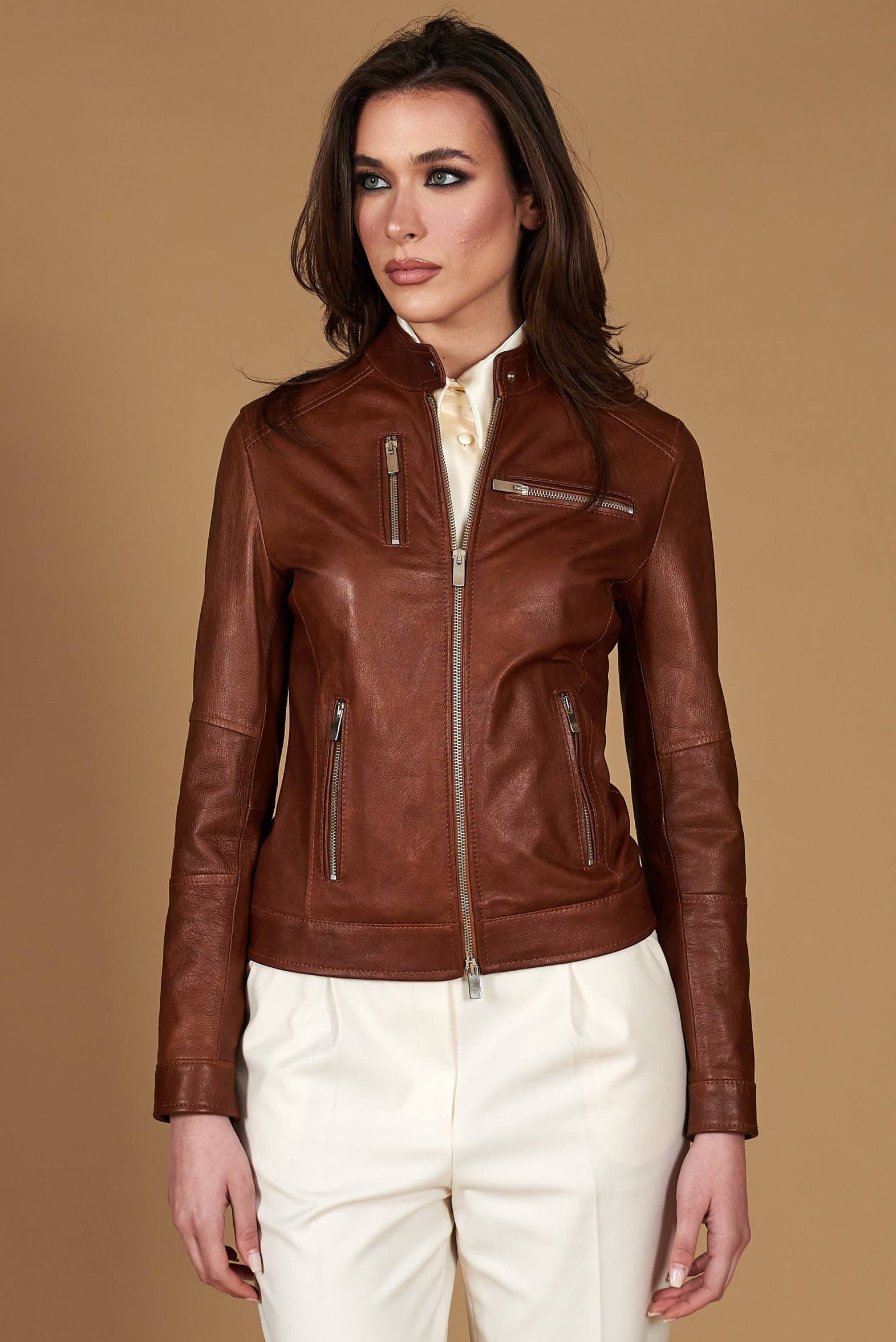 Veste cuir cognac quatre poches veste moto cuir pull up D'Arienzo, Taille XXS, Couleur Cognac