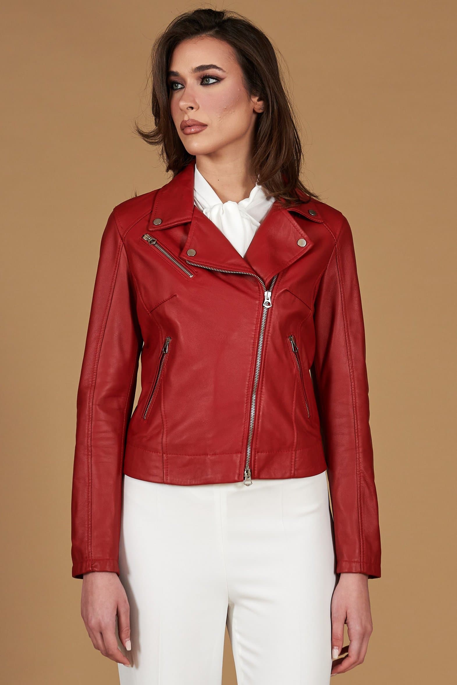 Veste cuir rouge motard manches zippées agneau plongé D'Arienzo, Taille L, Couleur Rouge
