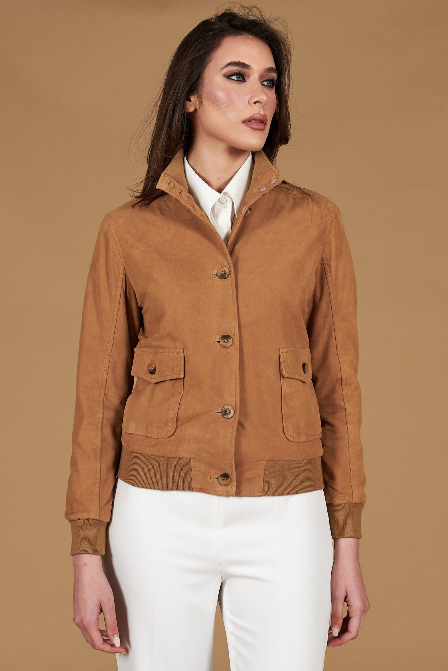 Blouson bomber cuir daim beige avec boutons D'Arienzo, Taille L, Couleur Beige