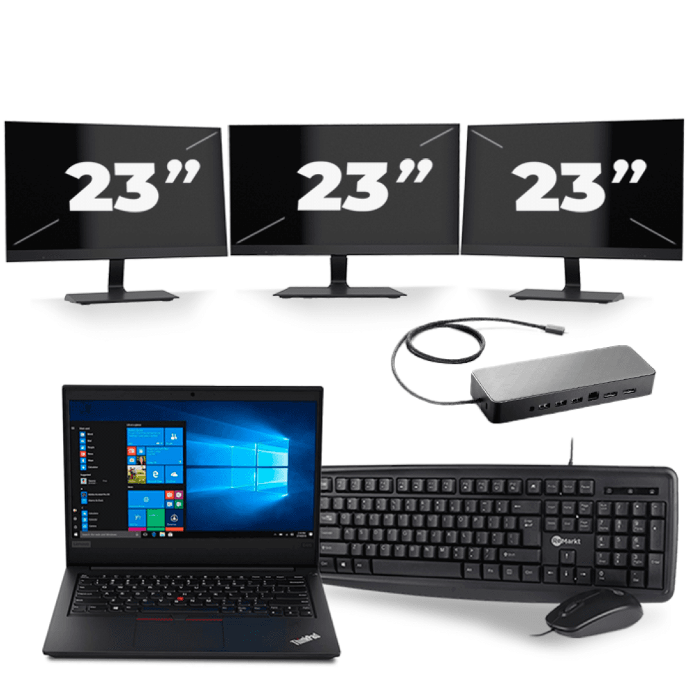 Lenovo ThinkPad E495 - AMD Ryzen 5 3500U - 14 pouces - 8Go RAM - 256Go SSD - Windows 10 + 3x 23 pouces Moniteur